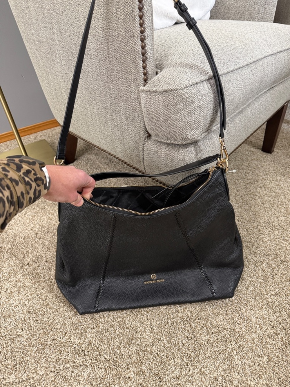 Michael Kors Black Pebbled Leather Shoulder Hobo with Gold Tone Accents